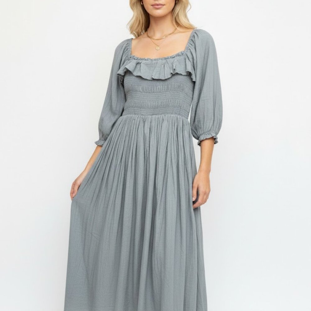 Free People Smocked Off Shoulder Midi Dress Small Sage Green Ruffle